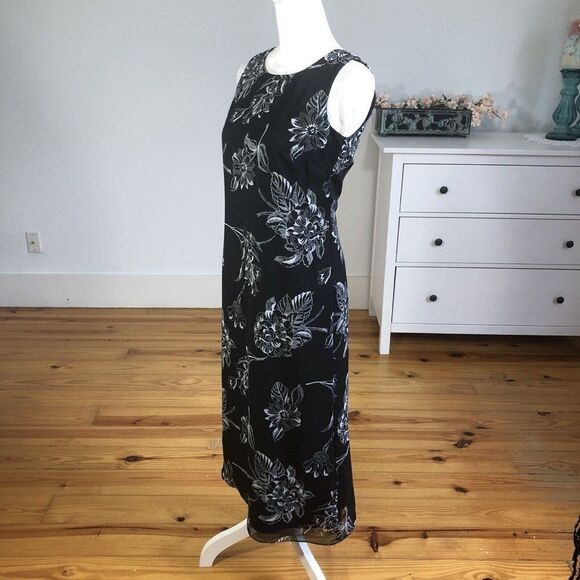 Vintage 90s Black Chiffon Floral Print Sheath Slip Dress 4 Petite Sleeveless - Picture 6 of 12